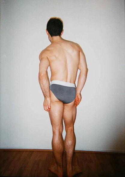 Male model wearing Dominic Albano Collection men's gray underwear